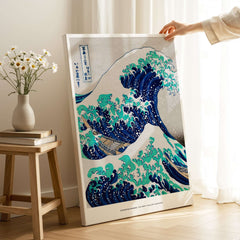 Exhibition Art Print Hokusai The Great Wave off Kanagawa Japanese Ukiyo-e Poster displayed in a bright room.