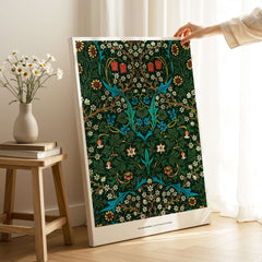 Exhibition Art Print William Morris Tulip Famous Pattern Arts Crafts Floral Poster Wall Art on display in a stylish room.