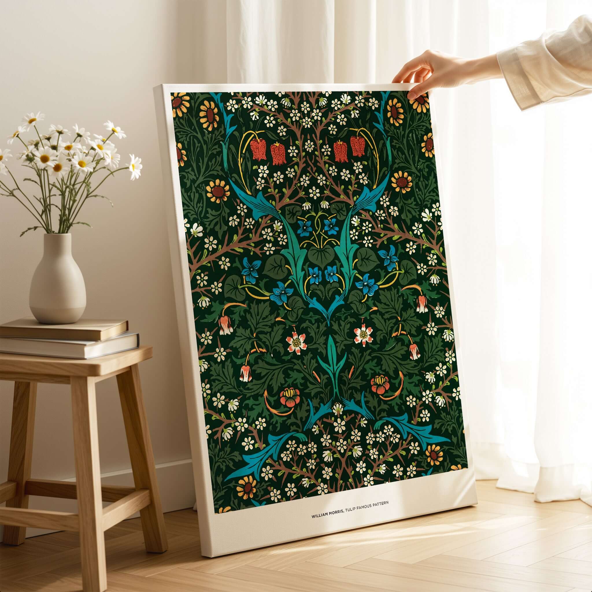 Exhibition Art Print William Morris Tulip Famous Pattern Arts Crafts Floral Poster Wall Art on display in a stylish room.