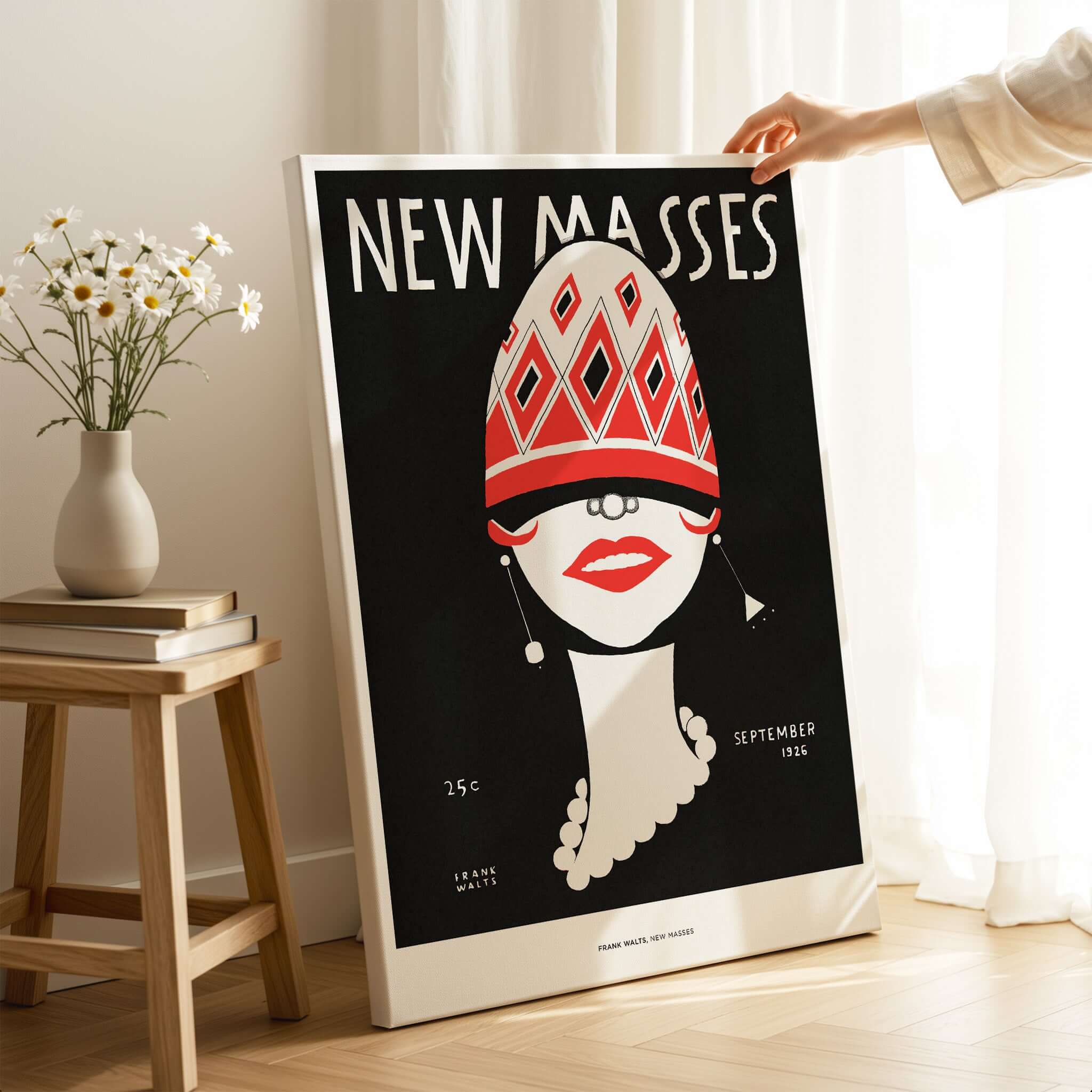 New Masses Frank Walts Art Deco Magazine Cover Poster Wall Art Print featuring a stylized face and geometric patterns.
