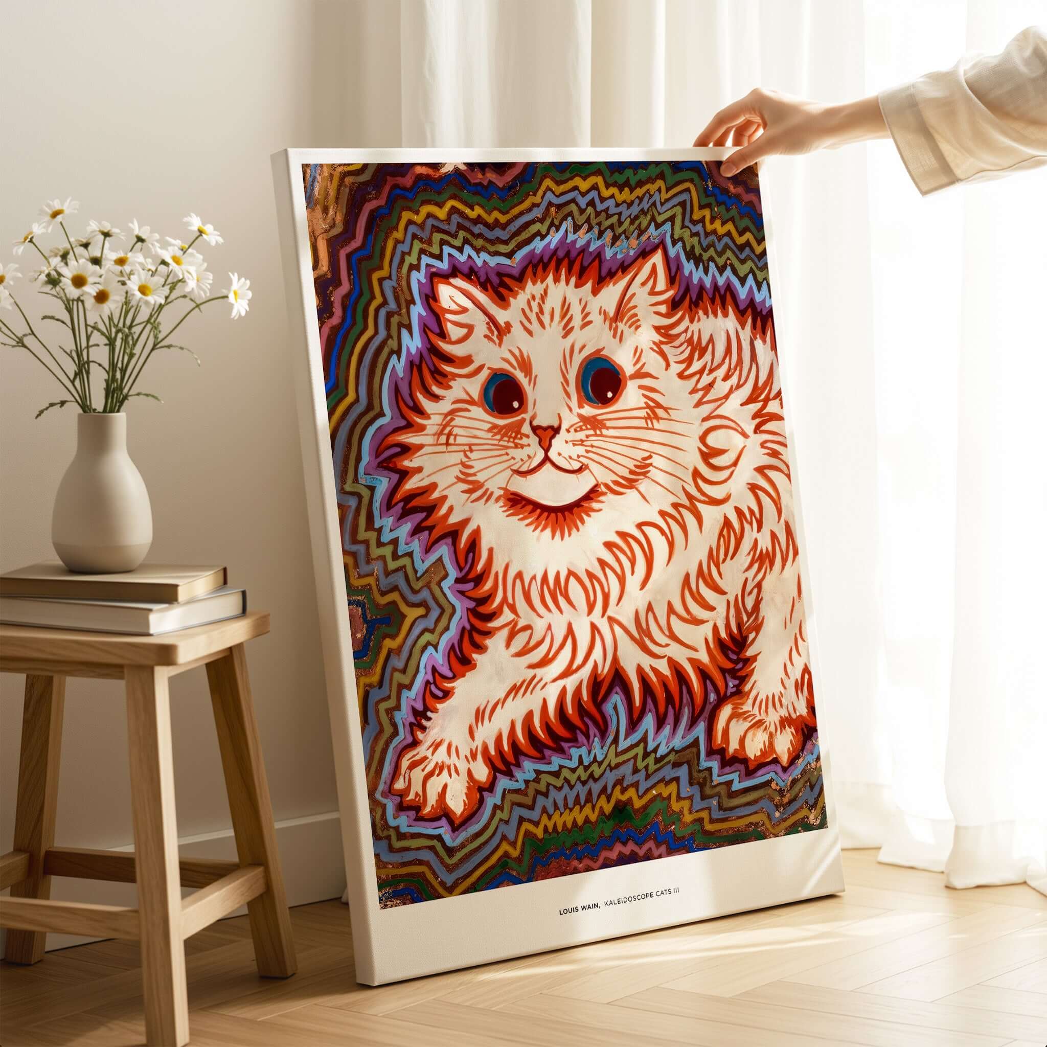 Kaleidoscope Cat Psychedelic Feline Poster Wall Art Louis Wain Exhibition Art Print displayed in a cozy room.