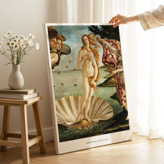 The Birth of Venus Art Print Sandro Botticelli Mythology Poster displayed elegantly in a modern home setting.