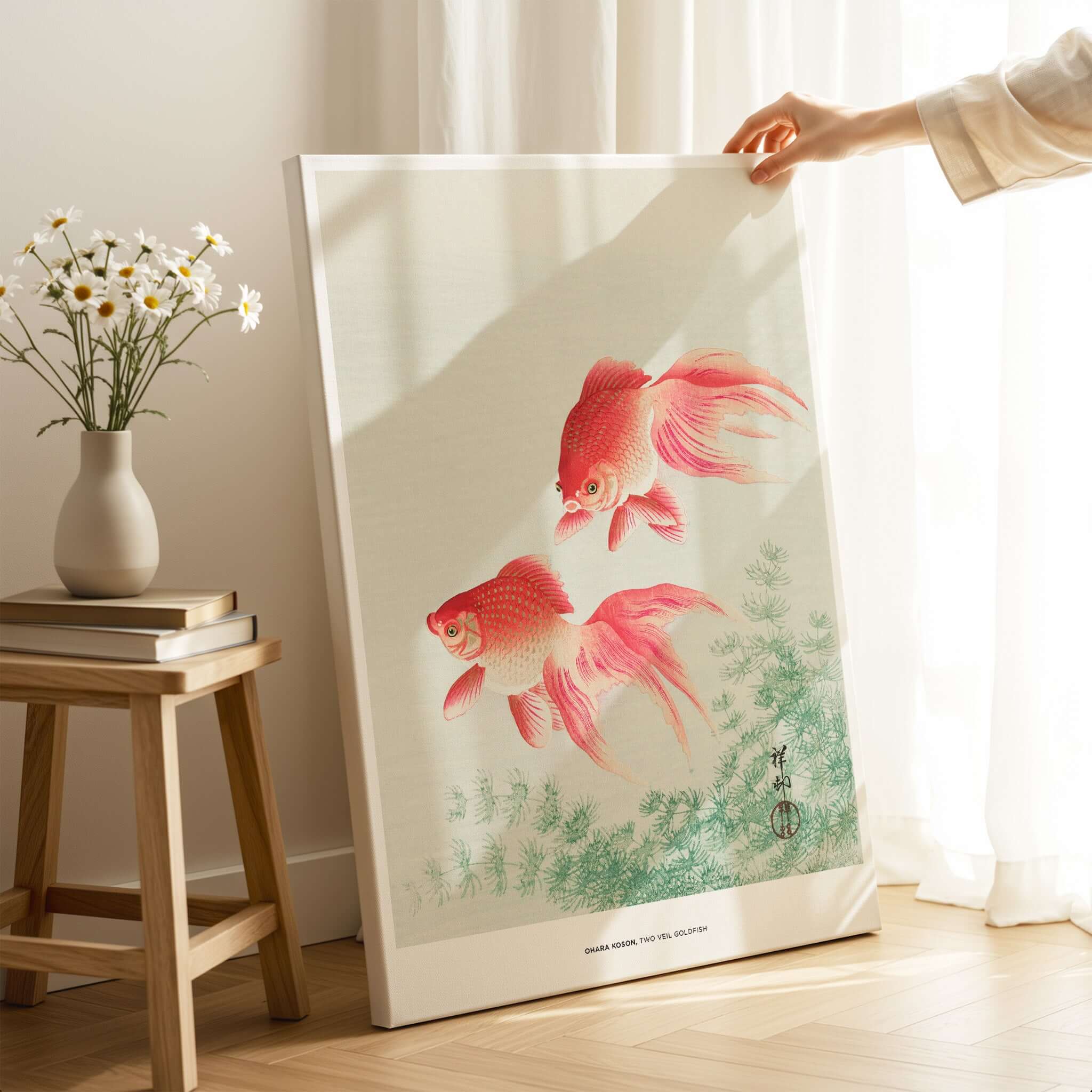 Exhibition Art Print Ohara Koson Two Veil Goldfish Japanese Fish Poster featuring two goldfish and aquatic plants