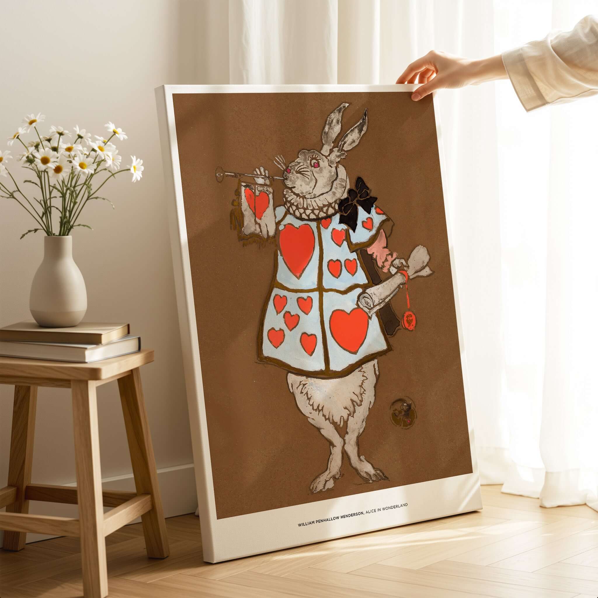 Exhibition Art Print William Henderson White Rabbit Alice in Wonderland Vintage Poster displayed in a cozy room setting.