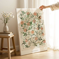 Exhibition Art Print William Morris Jasmine Pattern Floral Botanical Wall Art displayed in a bright room with flowers.