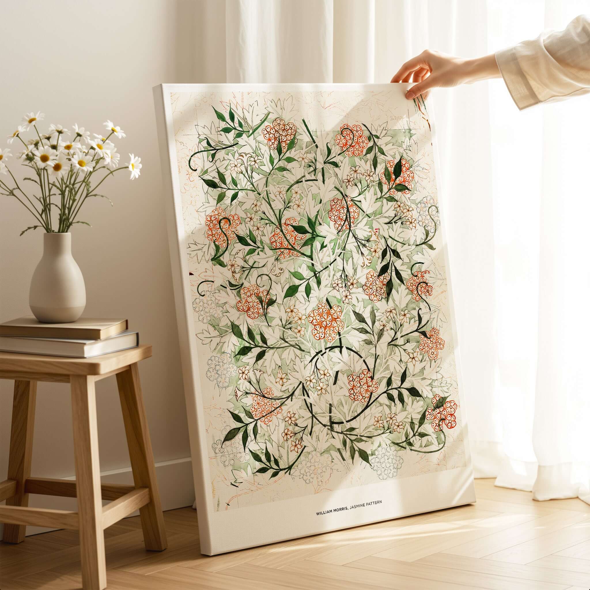 Exhibition Art Print William Morris Jasmine Pattern Floral Botanical Wall Art displayed in a bright room with flowers.
