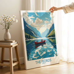 Fjords Norway Wall Art | Modern Style featuring a serene landscape with a boat on crystal clear waters.