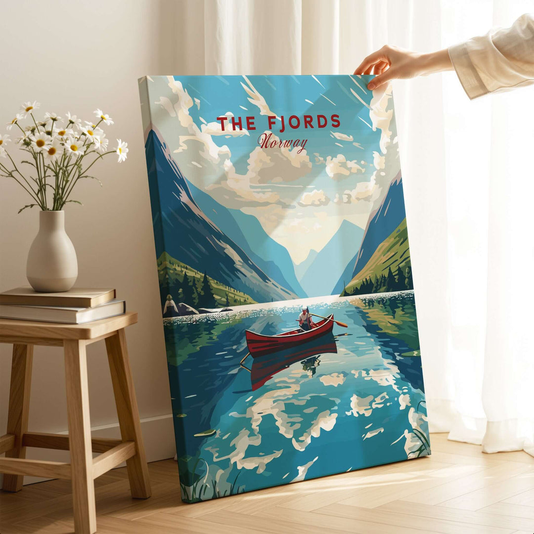 Fjords Wall Art Norway featuring a serene landscape with a boat reflective in water, showcasing Nordic beauty.