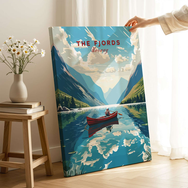 Fjords Wall Art Norway featuring a serene landscape with a boat reflective in water, showcasing Nordic beauty.