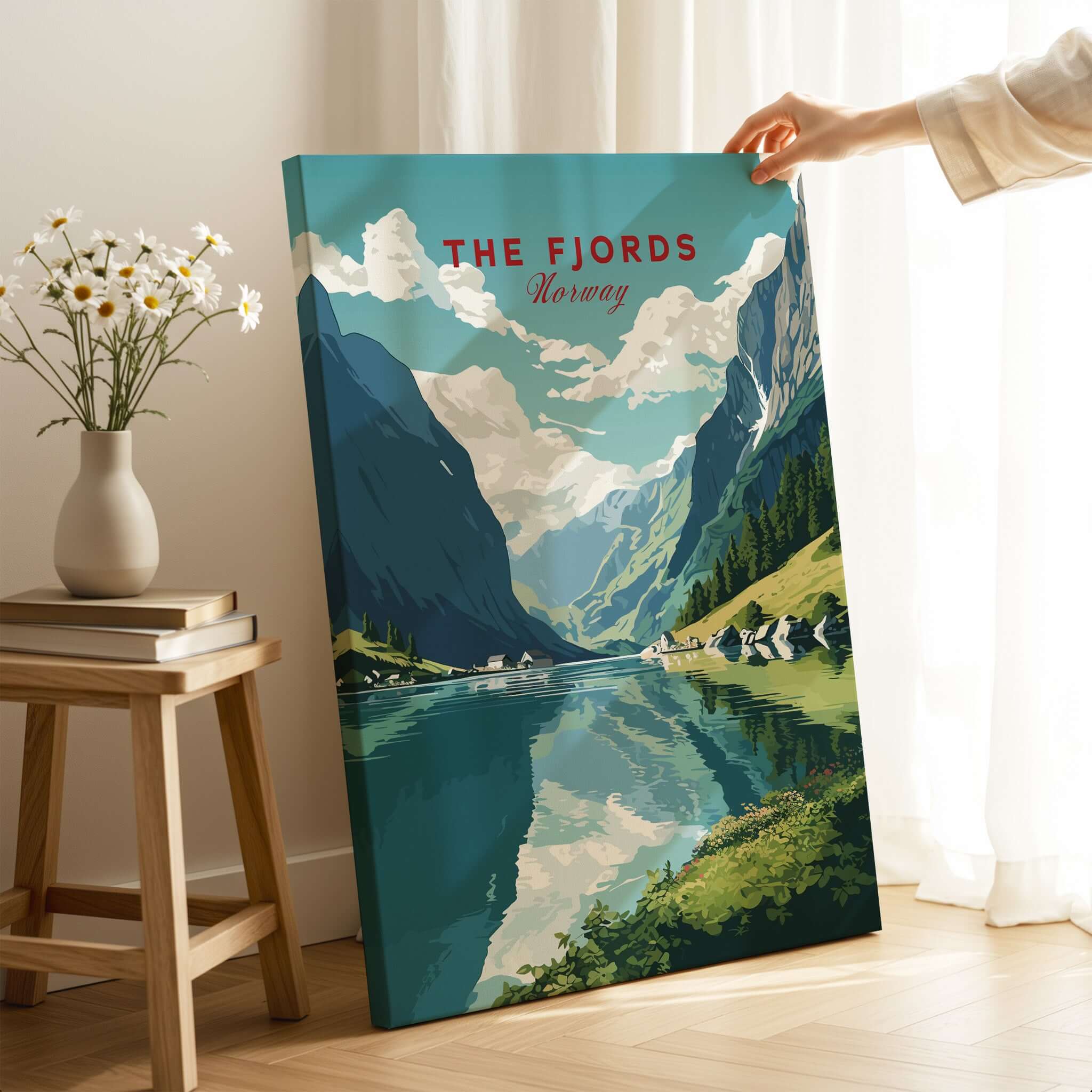 Norway Fjords Travel Poster featuring stunning fjords landscape and vibrant colors for home décor.