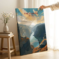 Fjord Wall Art Print - Norway showcasing breathtaking cliffs and valleys with a traveler standing on the edge.
