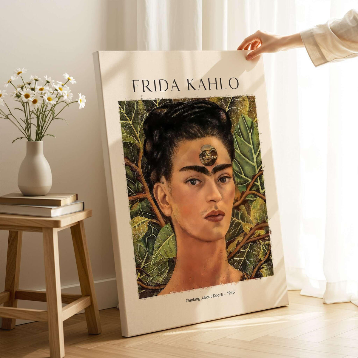 Frida Kahlo Thinking About Death Self Portrait Wall Art Print Poster featuring a self-portrait with a skull and a leafy background.