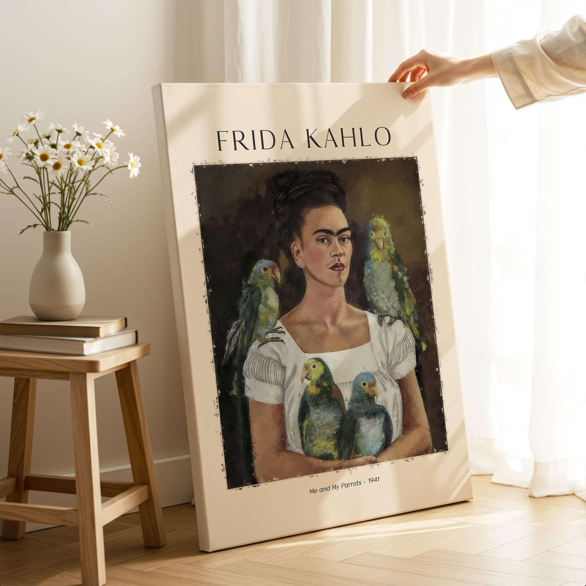 Frida Kahlo Me and My Parrots Self Portrait Art Print Poster Wall Art displayed in a bright room with flowers.