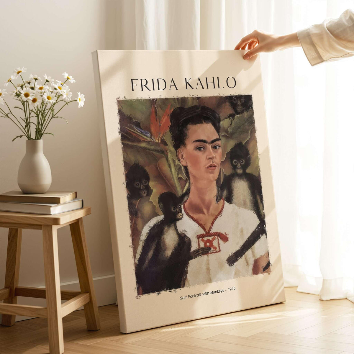 Frida Kahlo Self Portrait with Monkeys Famous Painting Poster Art Print featuring Frida surrounded by monkeys and tropical plants.