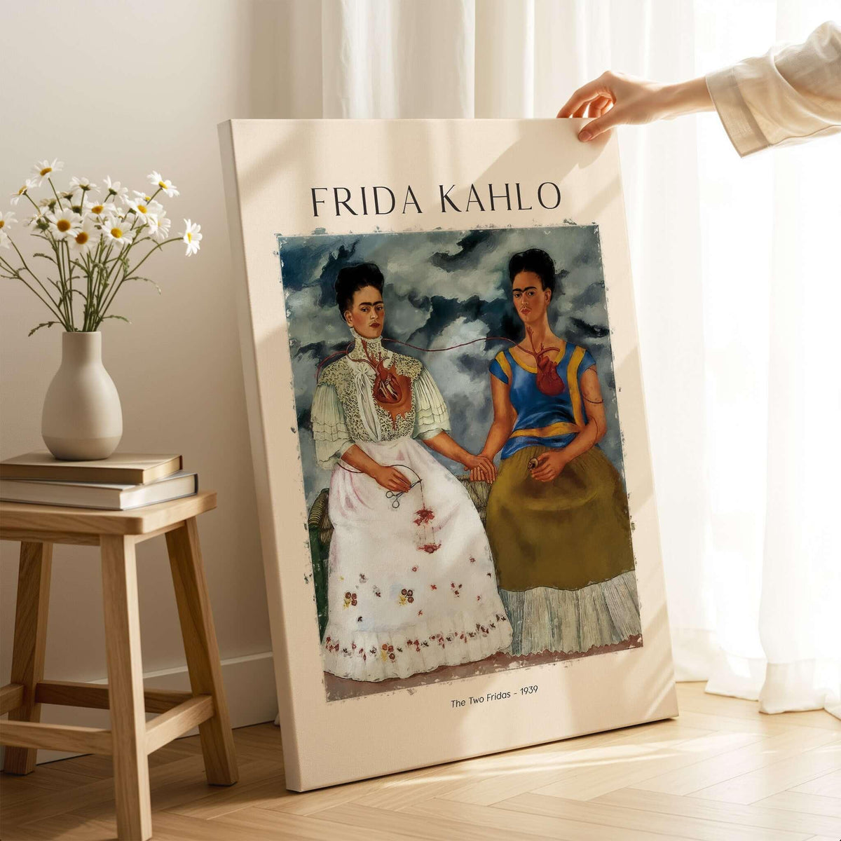 Frida Kahlo The Two Fridas Famous Art Print Poster Wall Art showcasing a double self-portrait of Frida Kahlo.