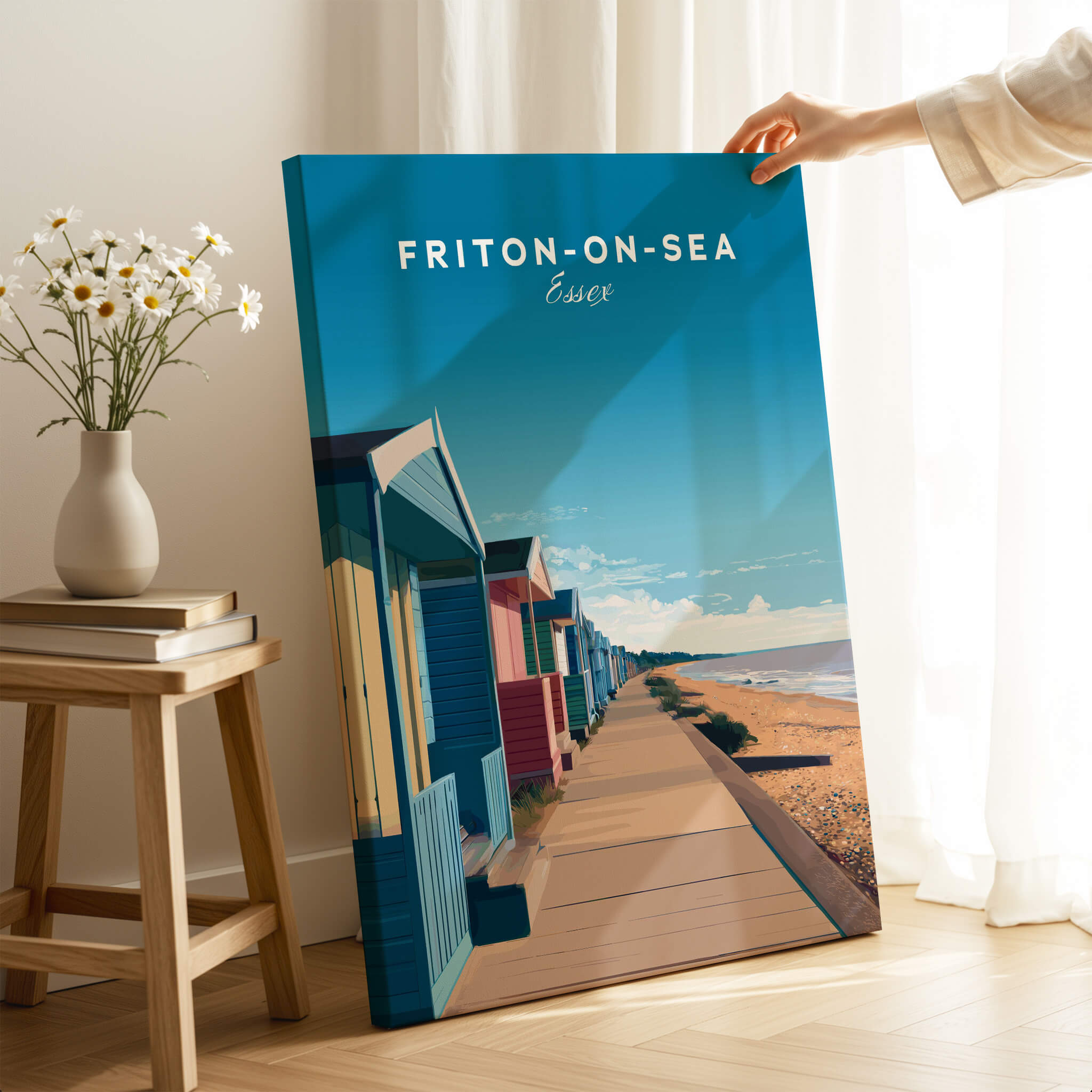 Frinton-on-Sea Travel Poster – Essex Coastline Beach Huts & Prom Art displayed in a stylish home setting.