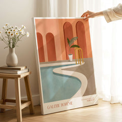 Galerie Bohème Poolside Morocco Architecture Poster Minimalist Wall Art Print displayed next to a flower vase.