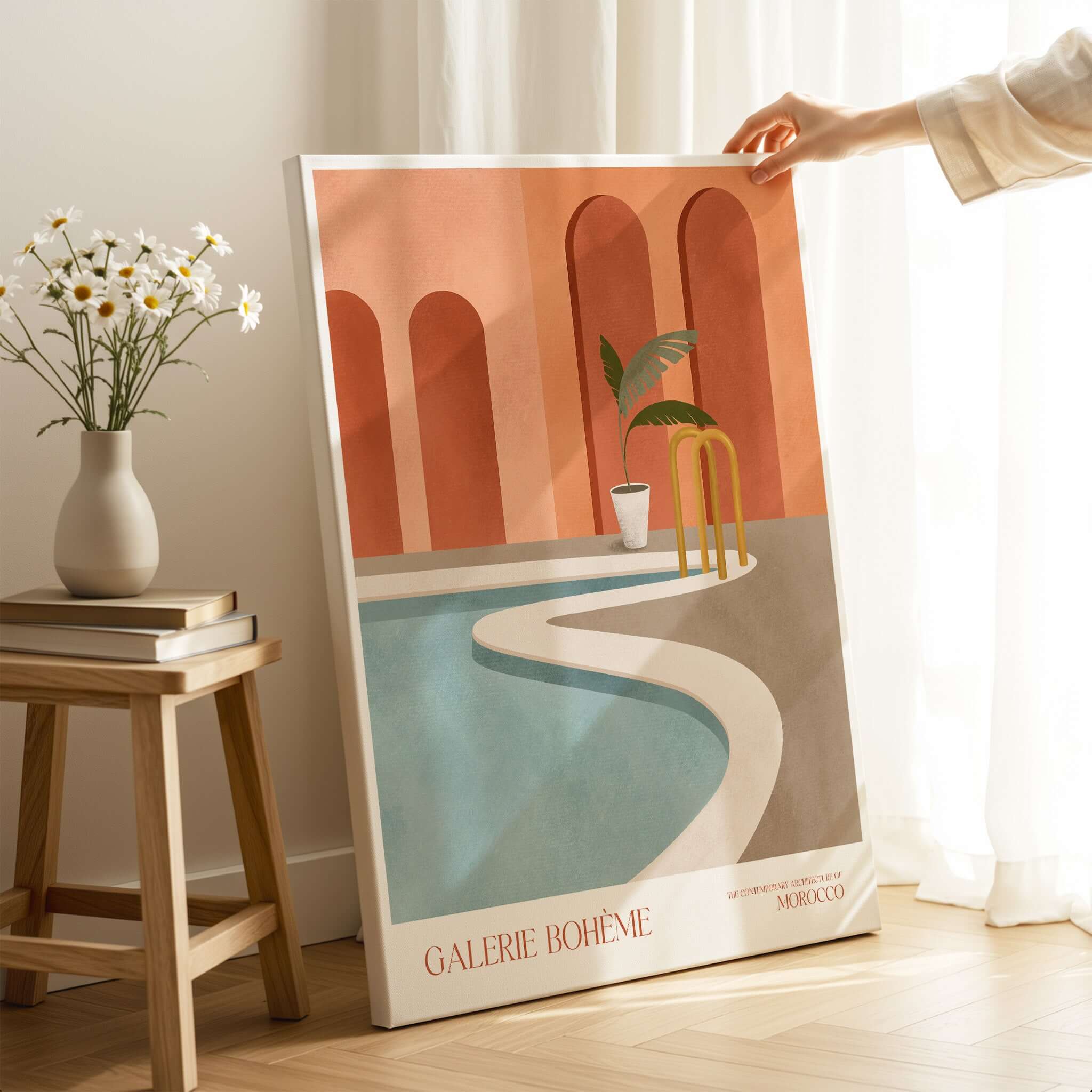 Galerie Bohème Poolside Morocco Architecture Poster Minimalist Wall Art Print displayed next to a flower vase.