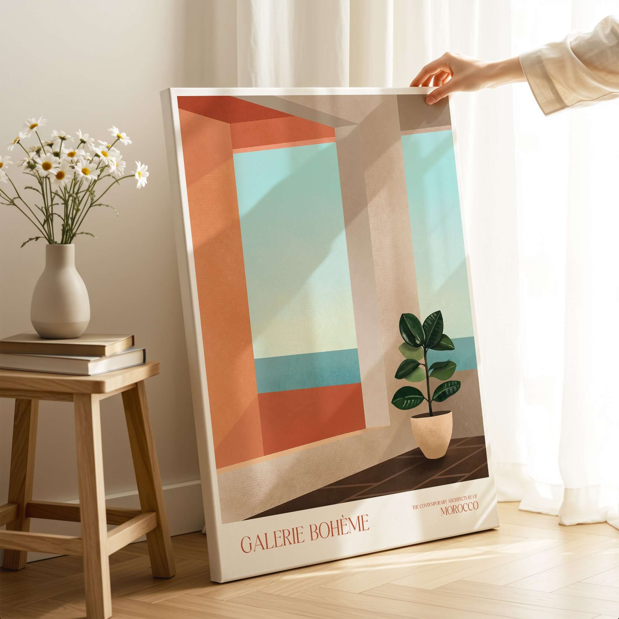 Galerie Bohème Ocean View Window Moroccan Style Art Print Boho Decor Poster displayed in a serene room setting.