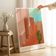 Galerie Bohème Abstract Moroccan Stairs Cactus Poster Desert Wall Art Print on display with geometric terracotta forms.