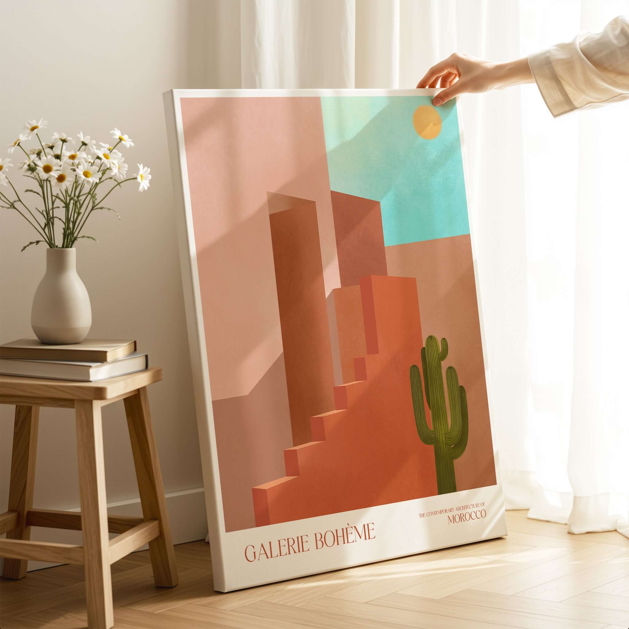 Galerie Bohème Abstract Moroccan Stairs Cactus Poster Desert Wall Art Print on display with geometric terracotta forms.