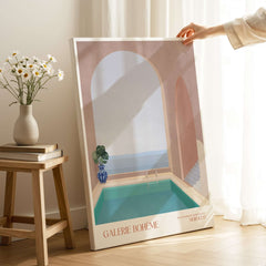 Galerie Bohème Moroccan Pool Ocean Archway Art Print Mediterranean Poster displayed in a cozy room with decor.