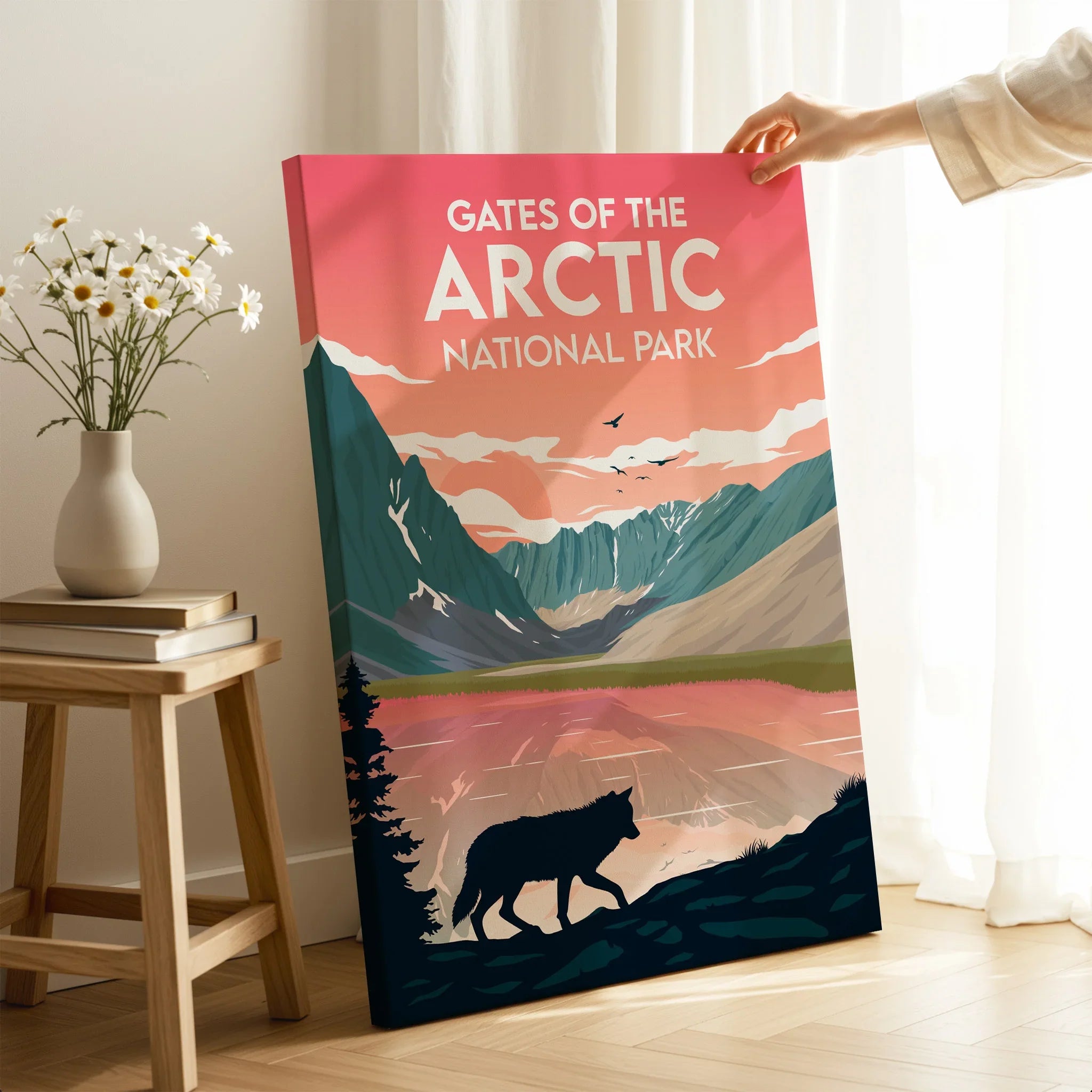 Gates of the Arctic National Park canvas print with wolf silhouette and mountain landscape in a home setting
