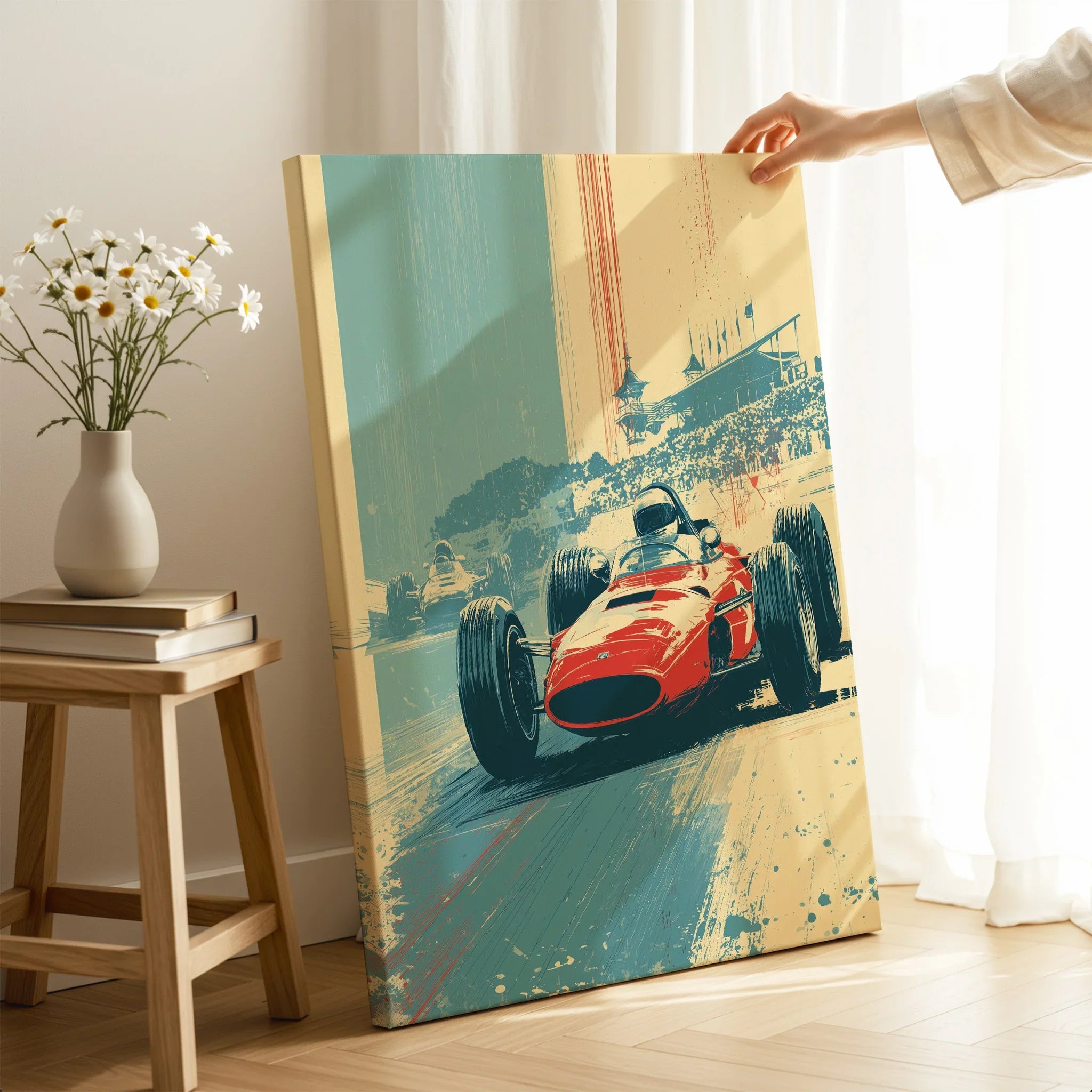 Classic race car canvas print, hand holding artwork in modern home decor setting