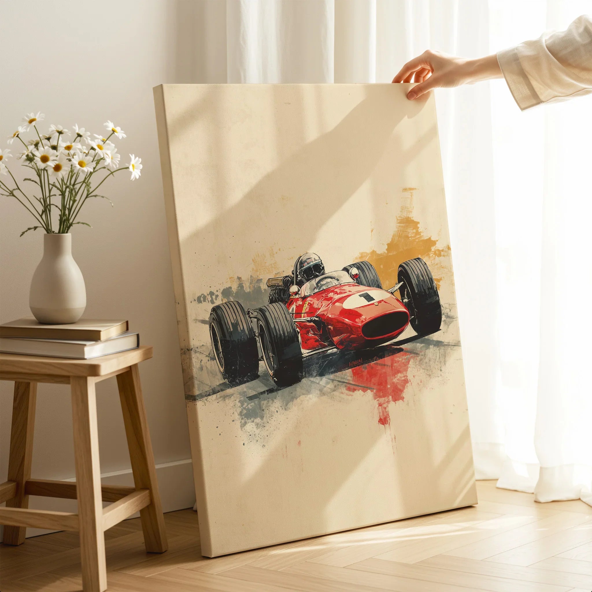 Canvas wall art of vintage red race car held in sunlit modern room, home decor accent