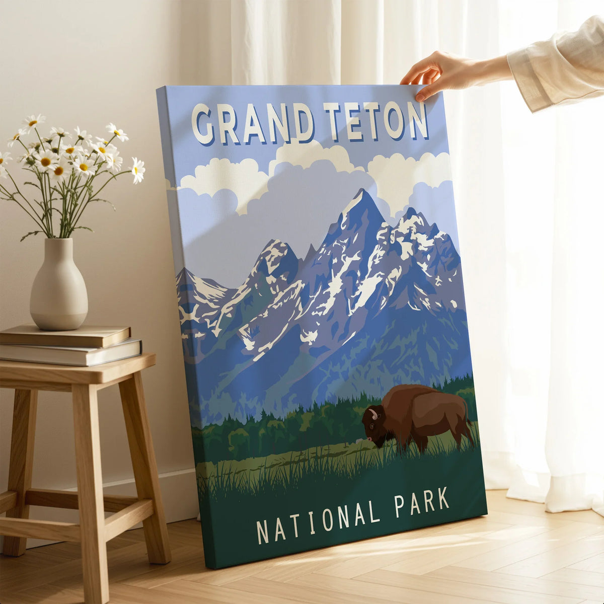 Grand Teton National Park canvas print with bison and mountains in a modern home setting