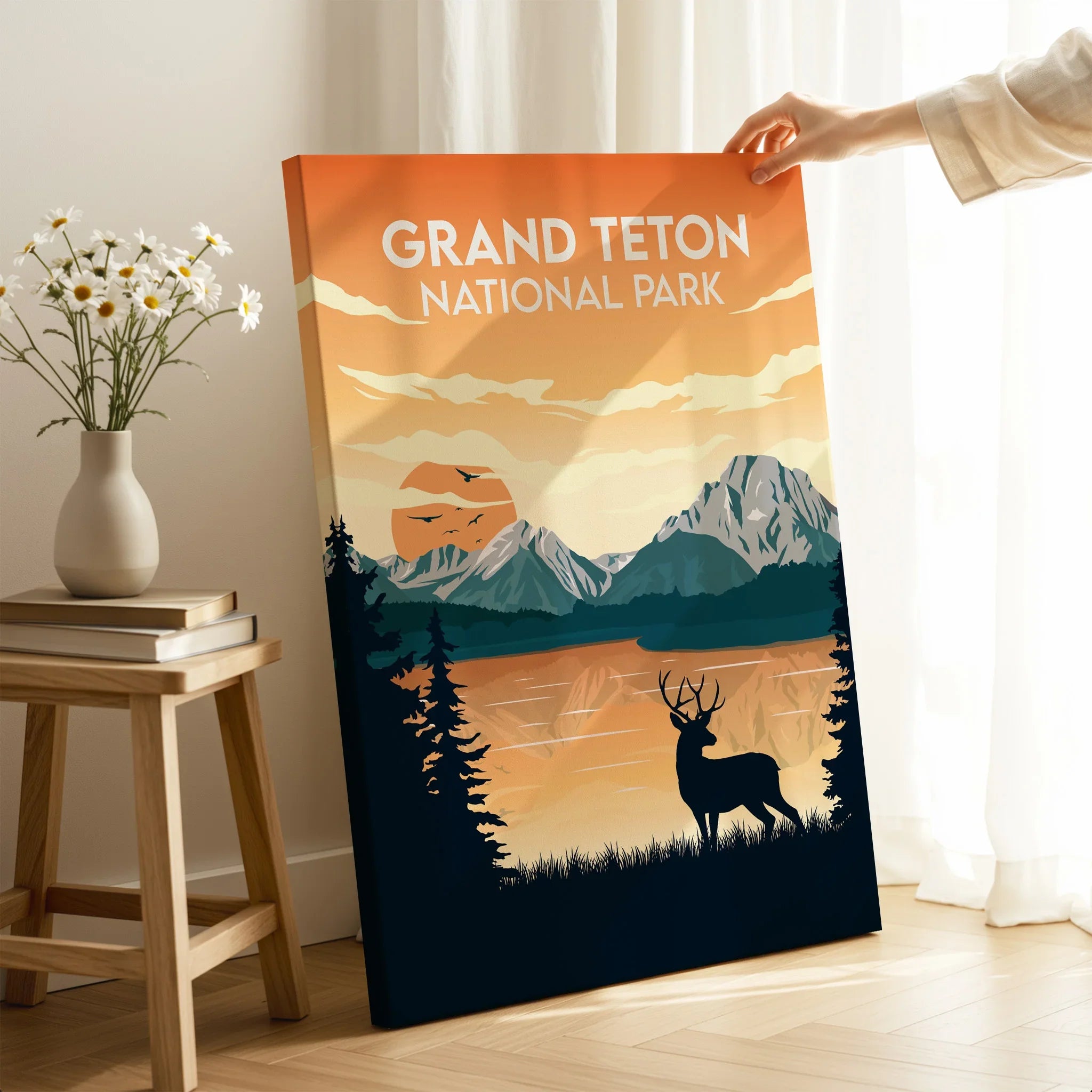 Grand Teton National Park canvas print with sunset, mountains, and deer in modern home decor setting