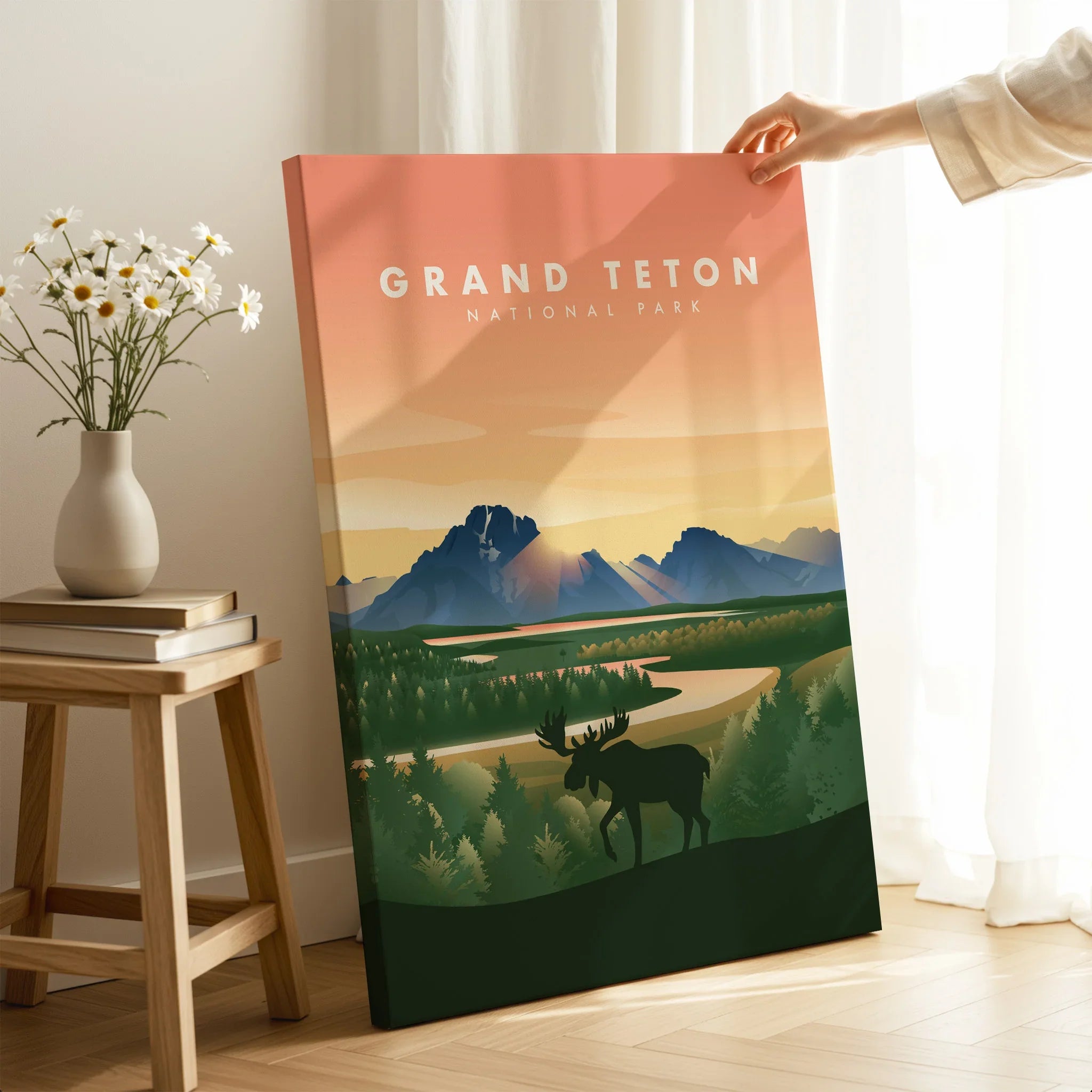 Grand Teton National Park canvas print with moose silhouette in modern room decor setting