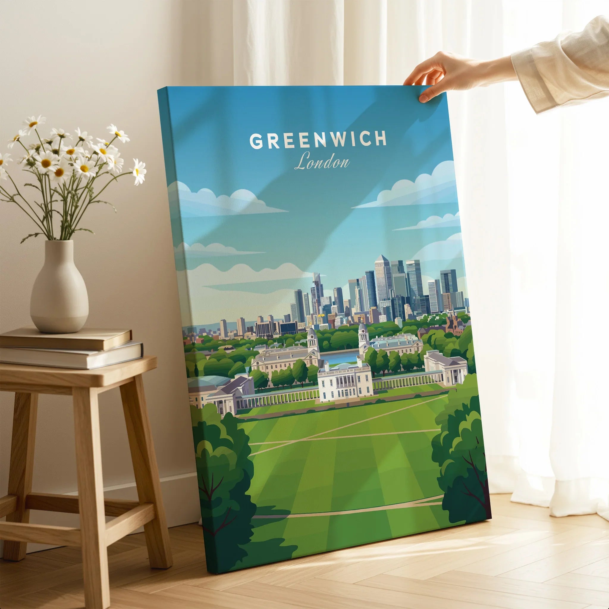 Greenwich London cityscape canvas print held in bright living room, modern wall art decor