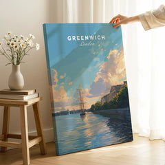 Greenwich London travel poster canvas print with sailboat and riverside scenery in a cozy room
