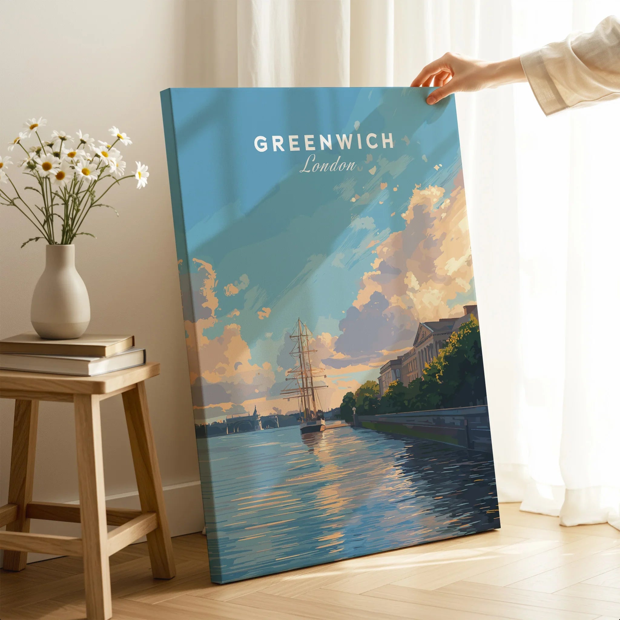 Greenwich London travel poster canvas print with sailboat and riverside scenery in a cozy room