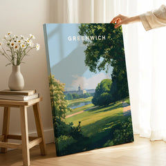 Hand holding Greenwich London art print in bright room, travel poster home decor