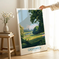 Greenwich London travel poster canvas print with park scenery, hand holding in bright room