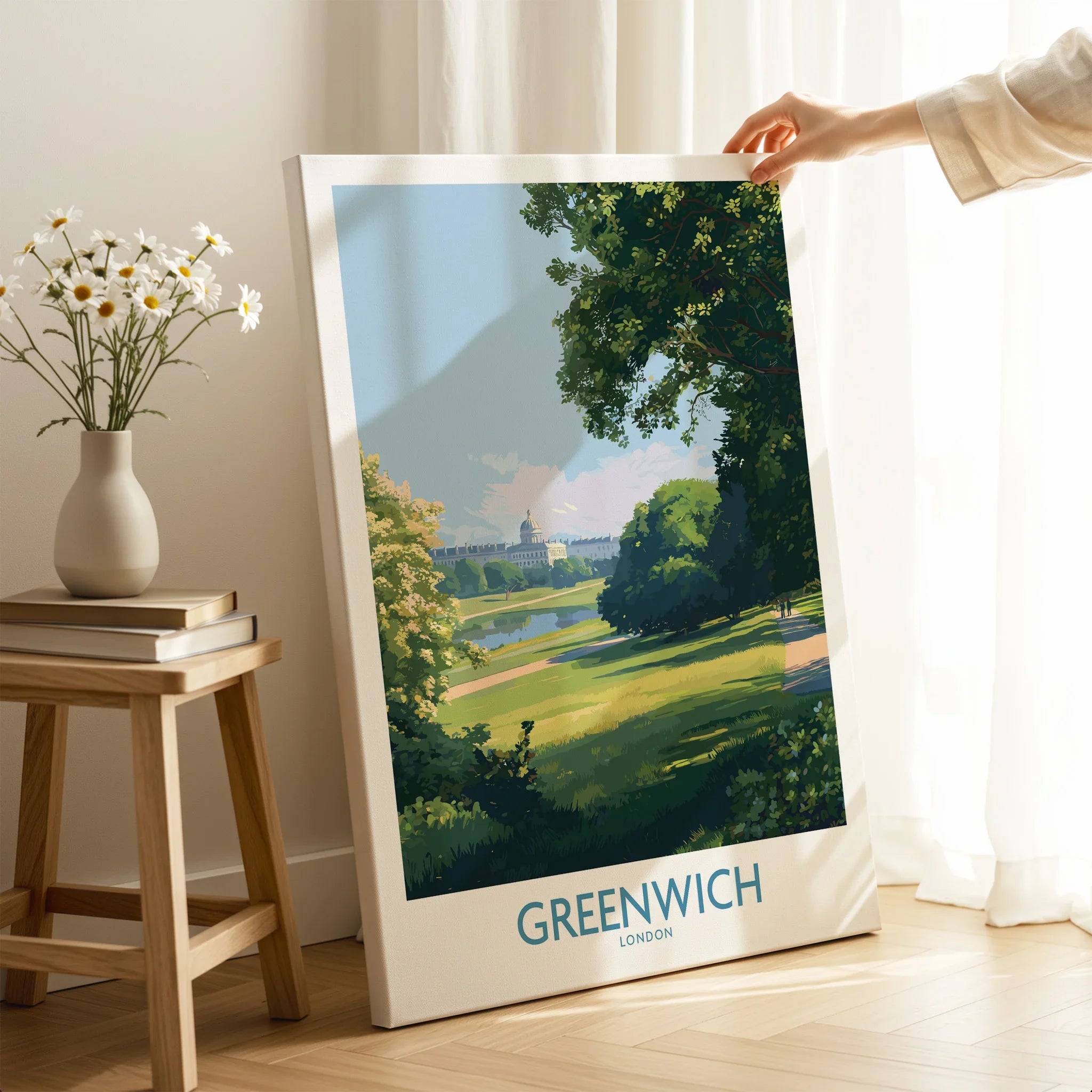 Greenwich London travel poster canvas print with park scenery, hand holding in bright room