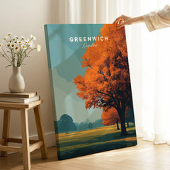 Greenwich London travel poster canvas print with autumn trees in cozy home decor setting