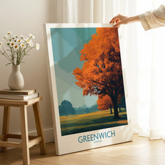 Greenwich London canvas print with vibrant autumn tree in cozy home decor setting