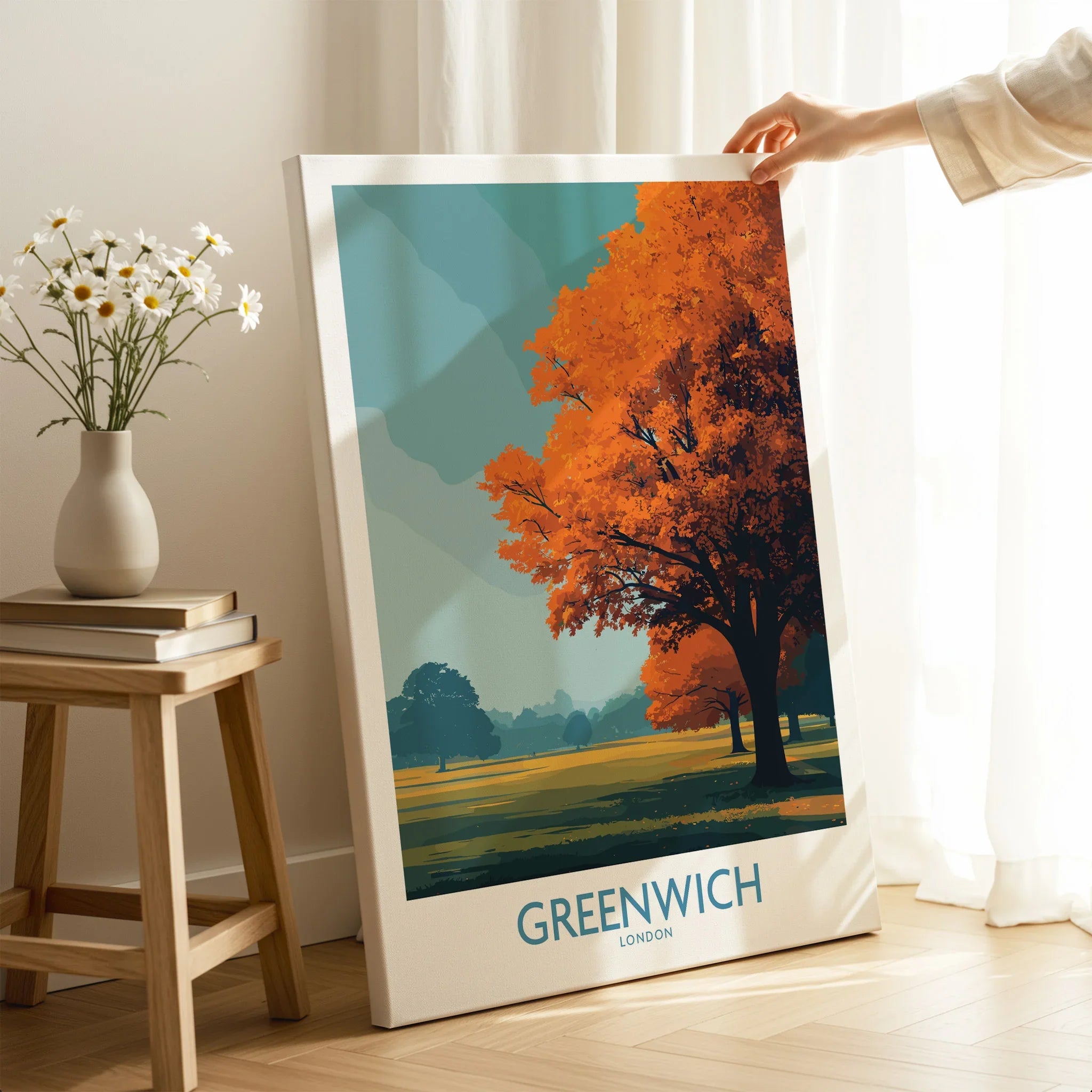 Greenwich London canvas print with vibrant autumn tree in cozy home decor setting