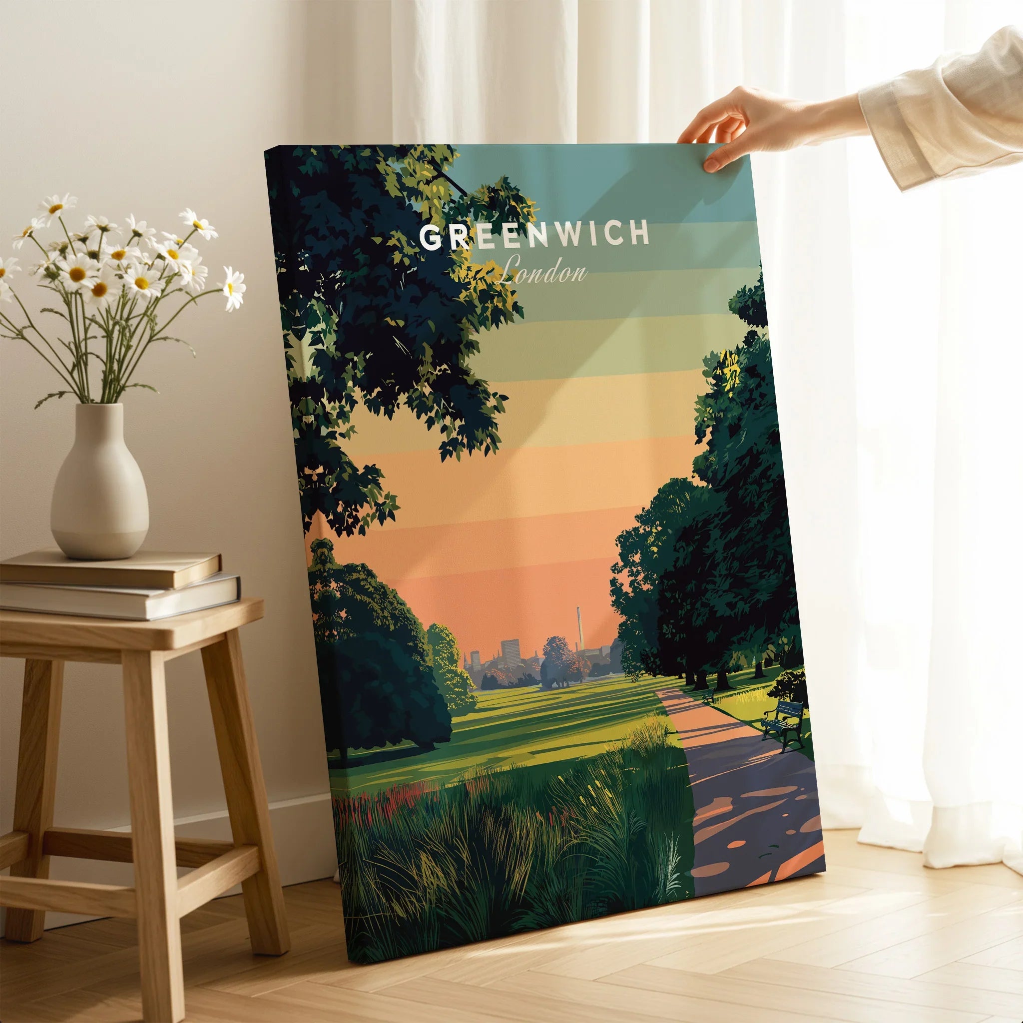 Greenwich London canvas wall art with sunset park scene, hand holding print in modern room