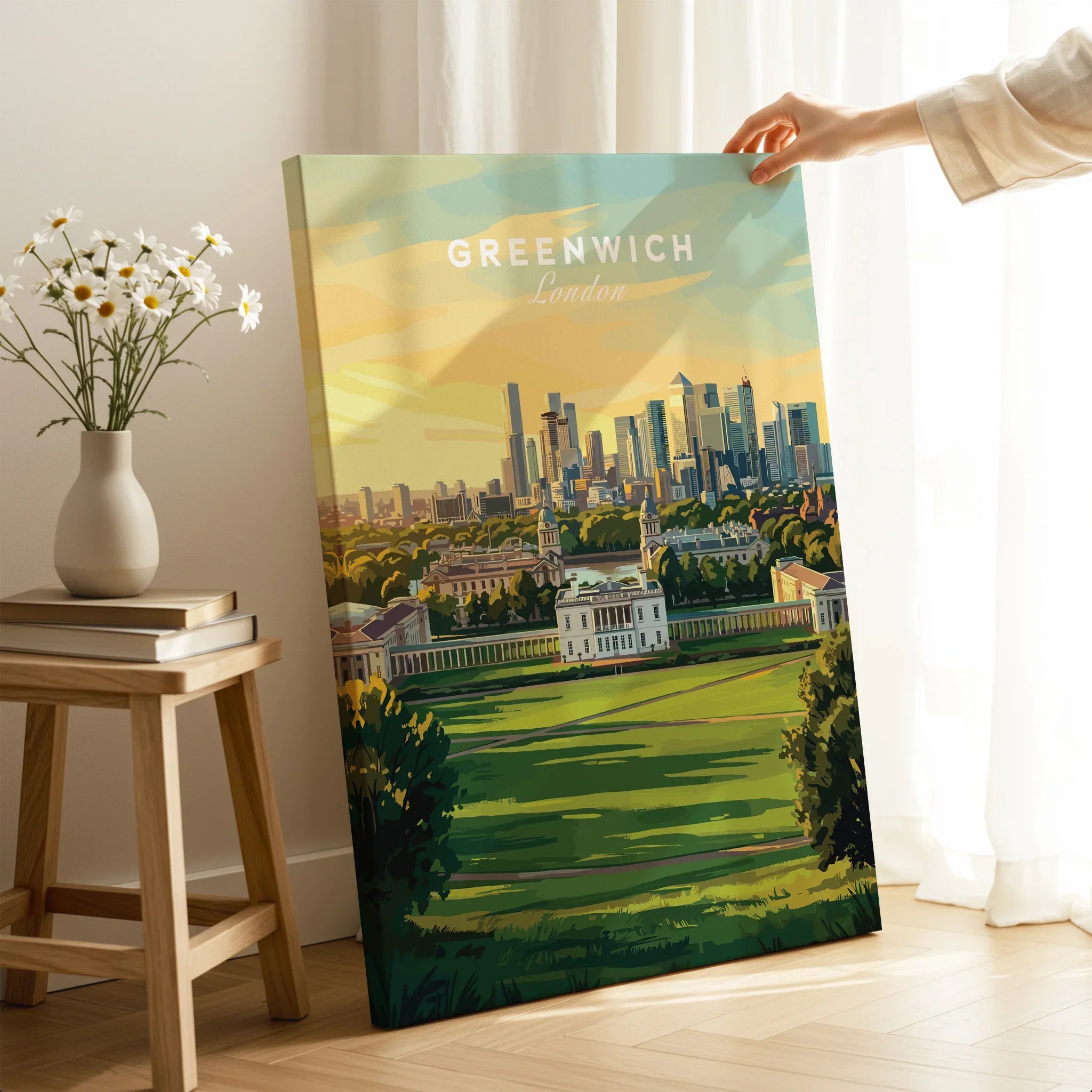 Canvas print of Greenwich London skyline held in sunlit room, modern wall art décor