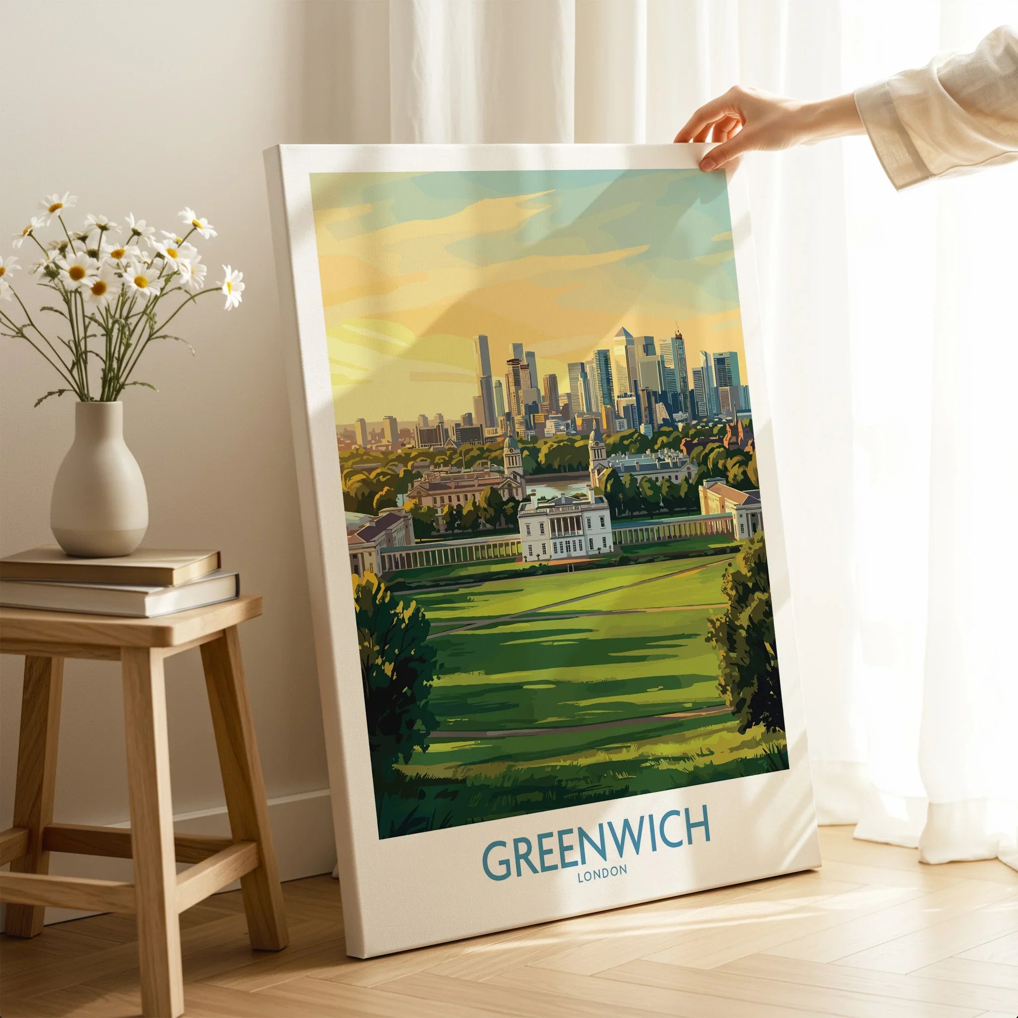 Greenwich London canvas wall art with city skyline, hand holding print in cozy room