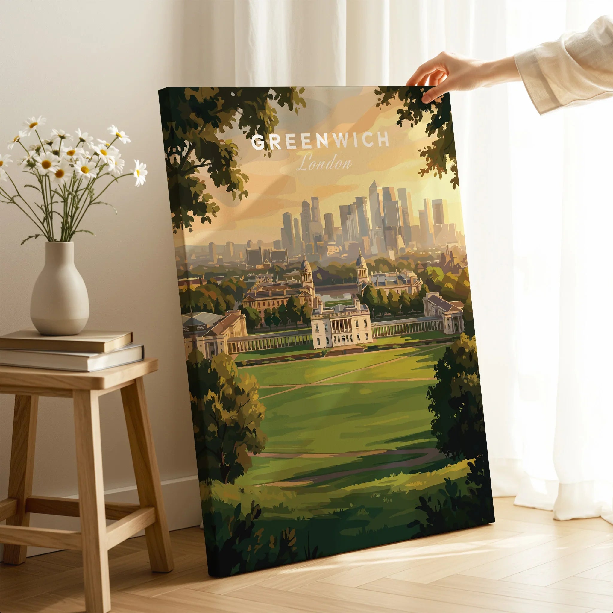Hand holding Greenwich London travel poster canvas with skyline and park, home decor