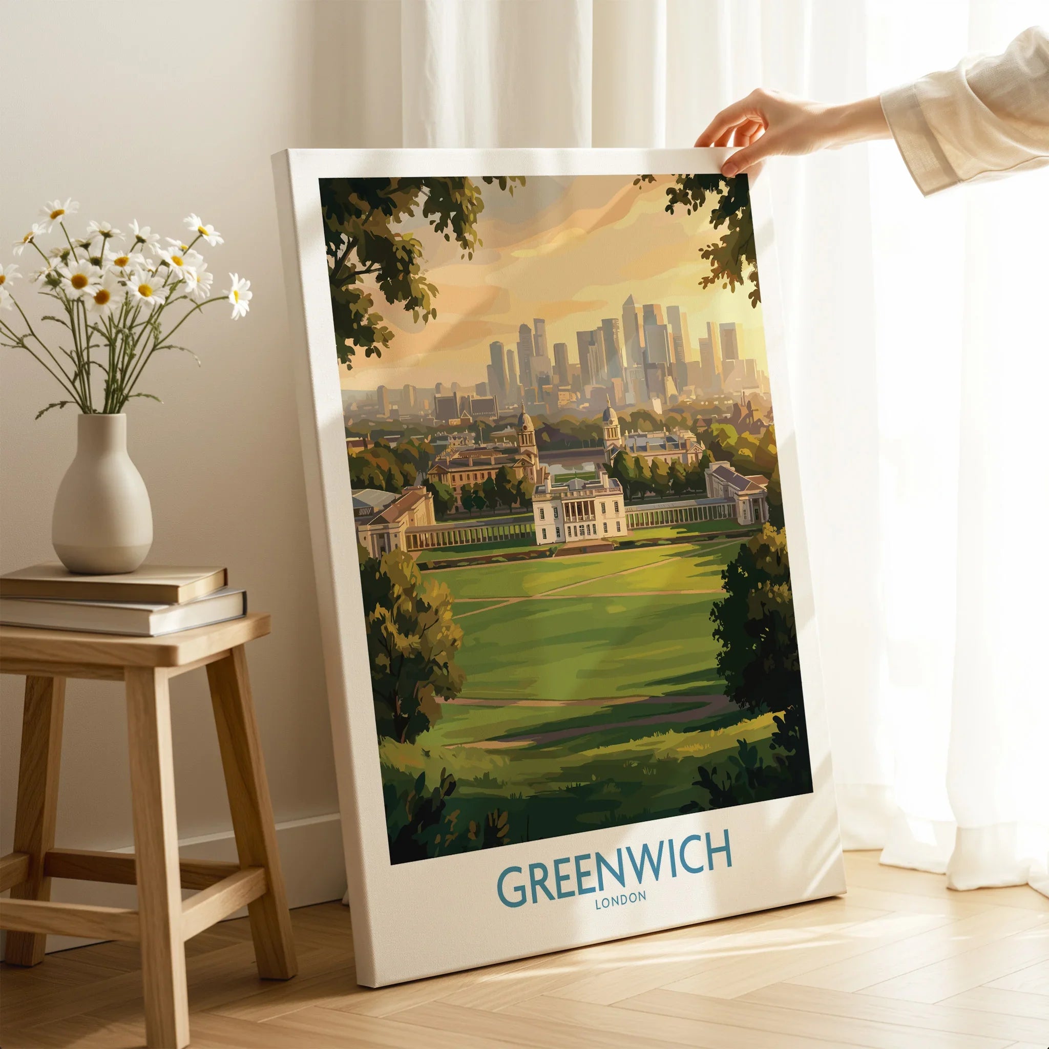 Greenwich London cityscape canvas print with skyline, hand holding art in modern room