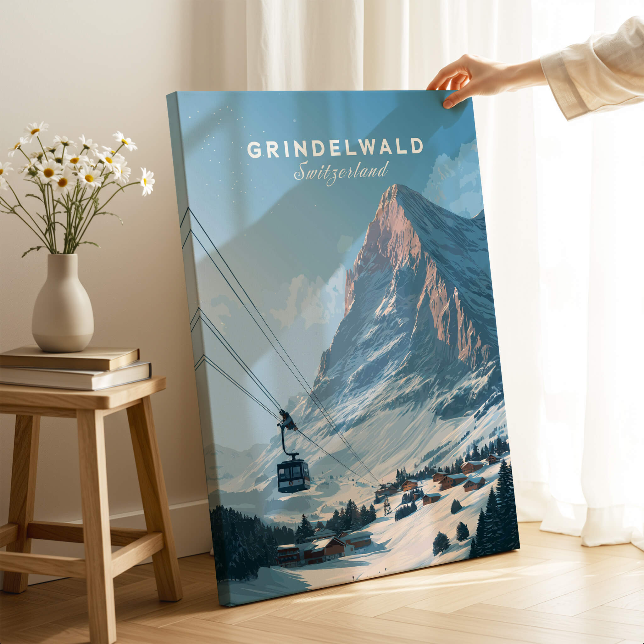 Grindelwald Switzerland Wall Art Print | Alpine Cable Car Travel Posters showcasing a stunning alpine landscape and cable car.