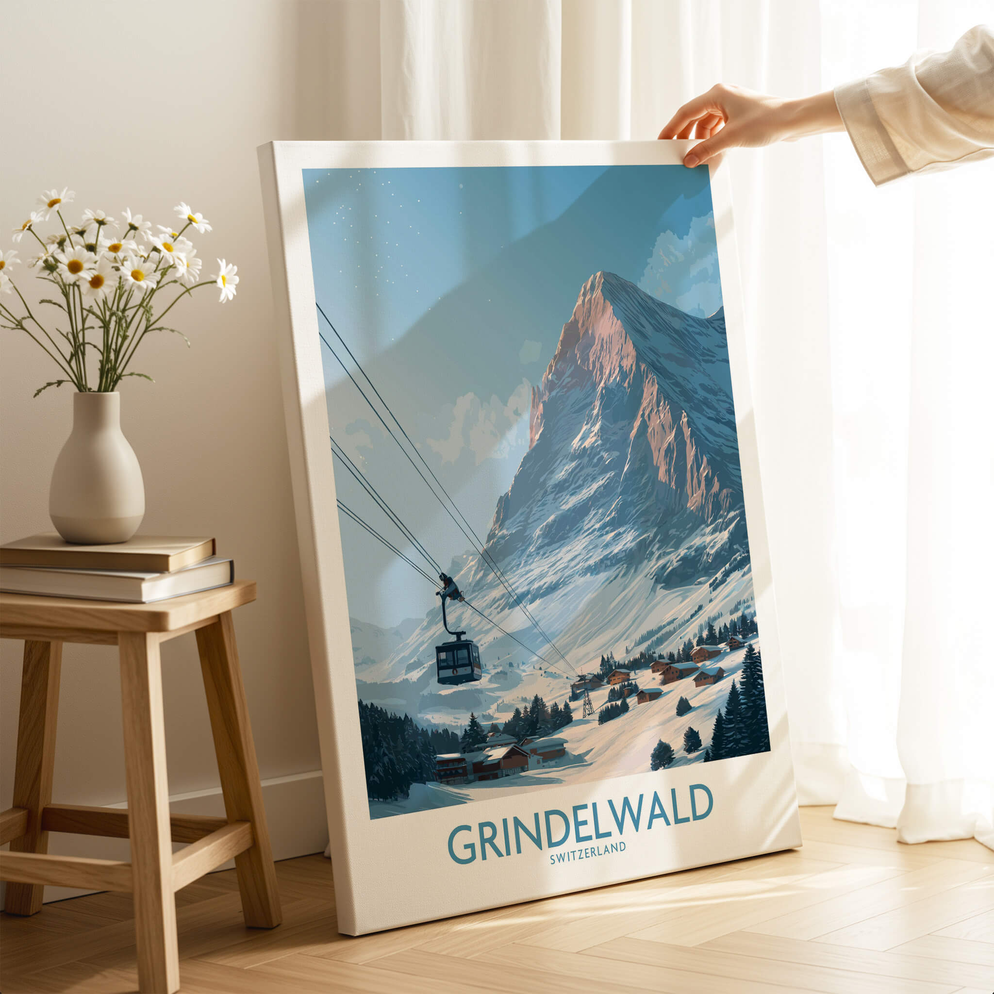 Grindelwald Switzerland Poster | Snowy Alps Mountain Scene Canvas Print on display, featuring a scenic mountain view and chalet.