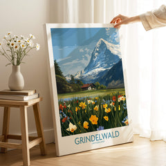 Grindelwald Switzerland Canvas Print | Scenic Swiss Village Landscape Poster showcasing vibrant flowers and mountains.