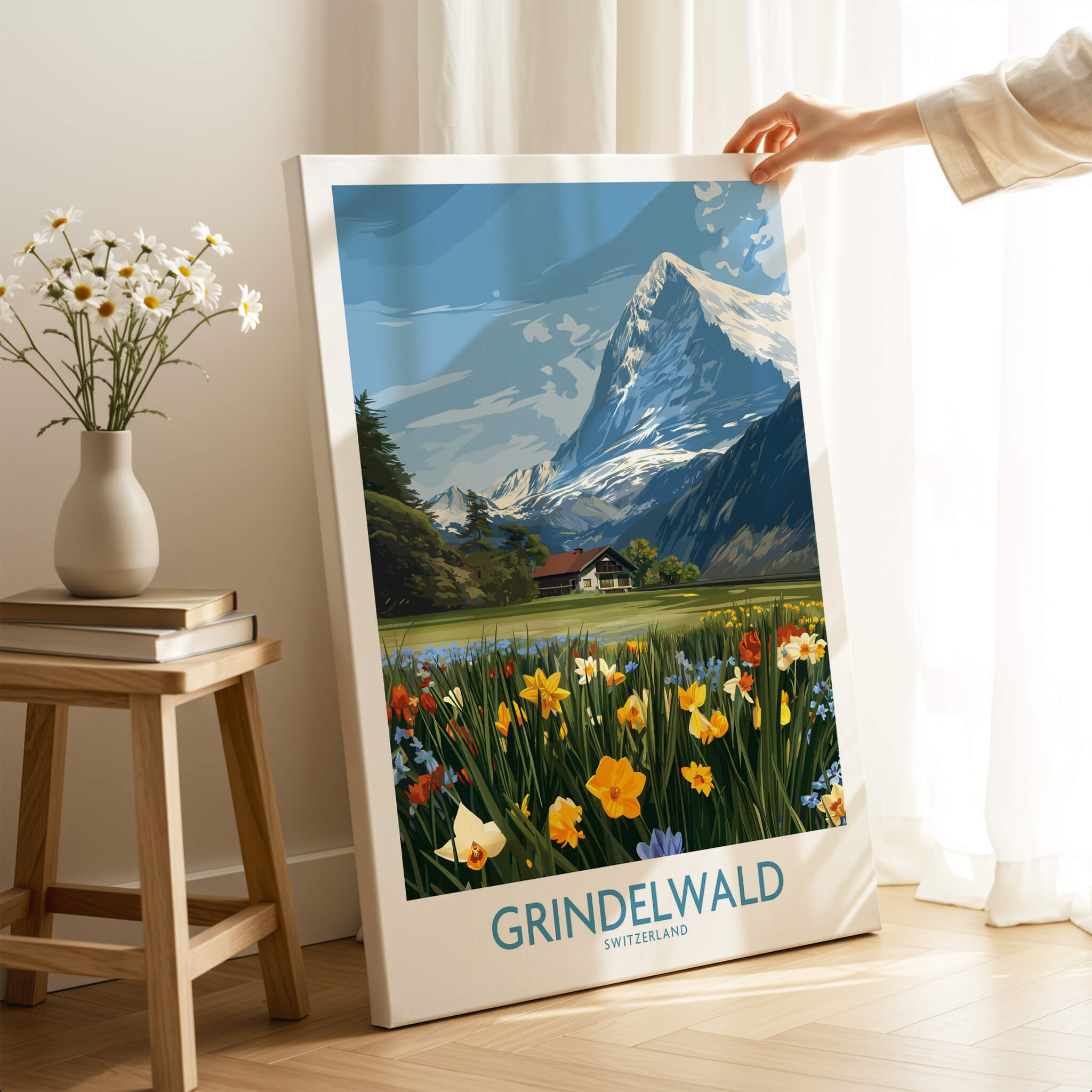 Grindelwald Switzerland Canvas Print | Scenic Swiss Village Landscape Poster showcasing vibrant flowers and mountains.